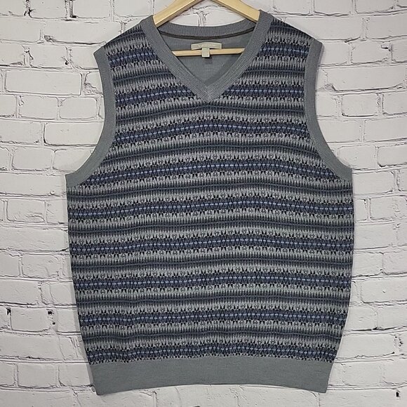 Nordstrom Sweater Vest Mens XL 100% Merino Wool Gray Striped Academia Prep - Picture 1 of 8